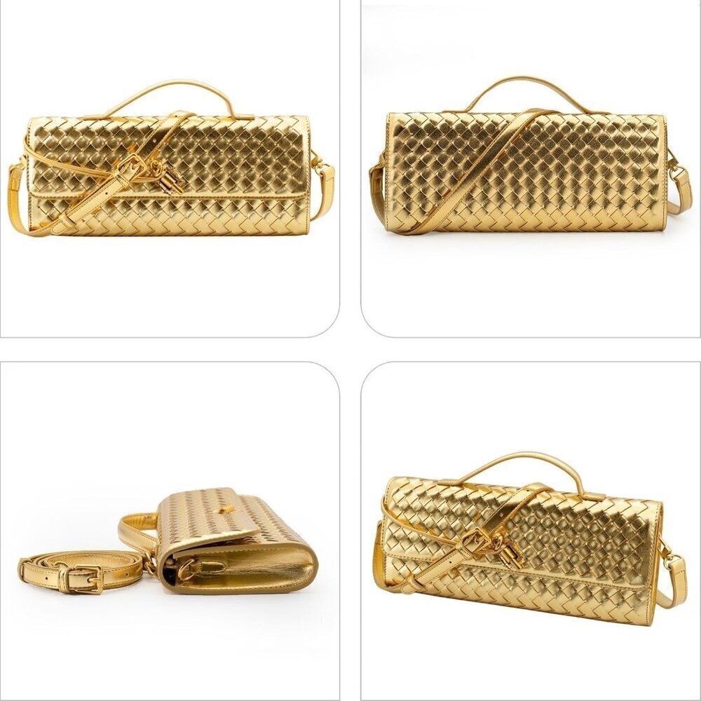 🆕Woven Clutch Purses for Women Gold Leather Evening Bag Shoulder Handbag - Picture 4 of 6